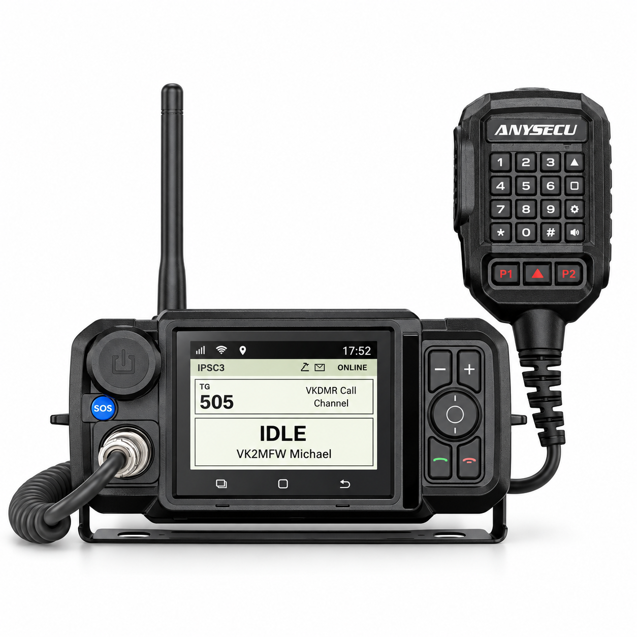 ANYSECU 4G-W2Pro mobile POC radio and hand microphone with an illustrative IPSC3 display
